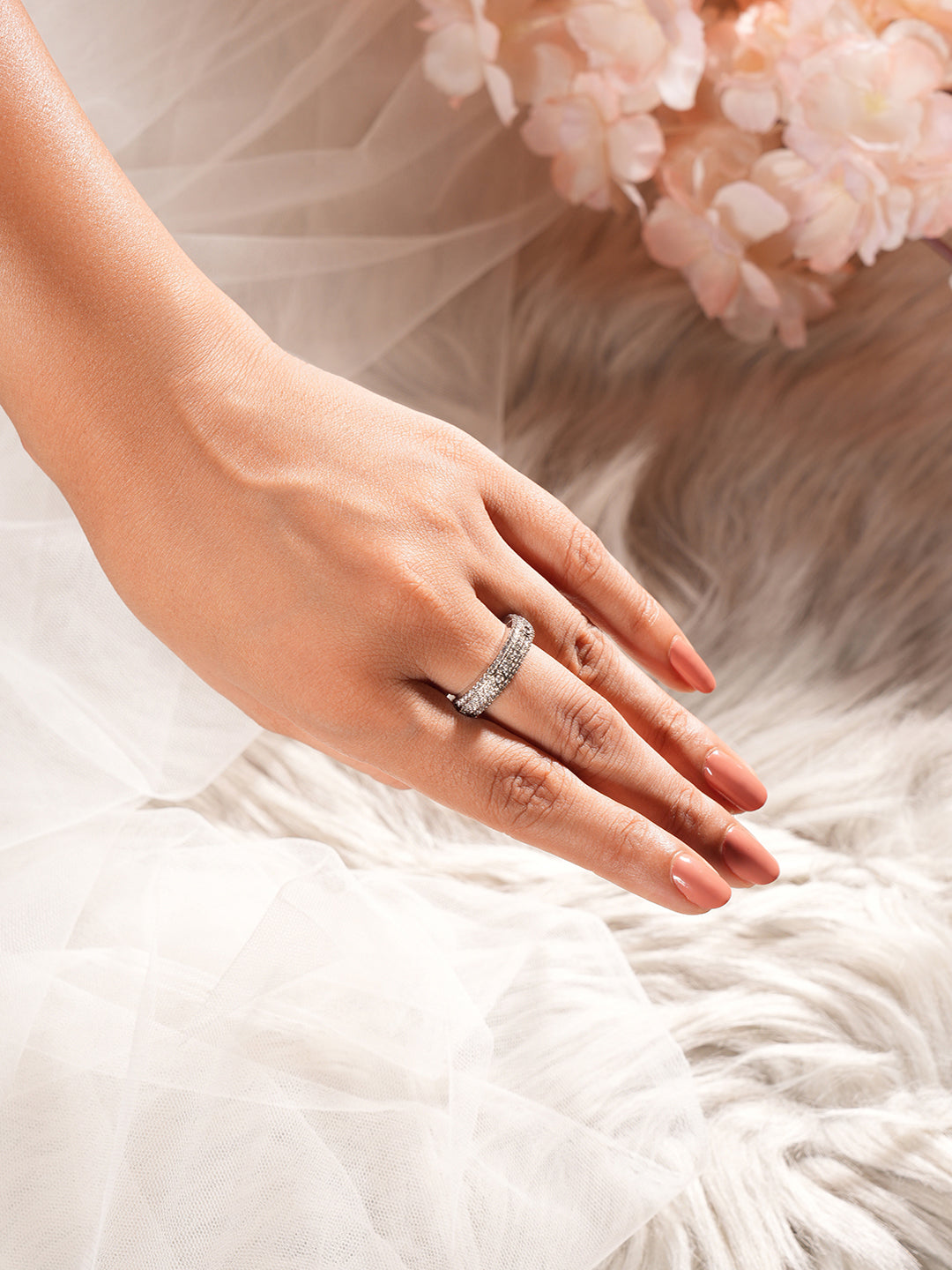 White Rhodium AD Studded Minimal Engagement Band Adjustable Finger Ring